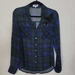 Express Portofino Button Up Shirt Size S Sheer Plaid Green Blue Roll Tab Sequin